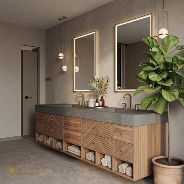78''-96'' Double Bathroom Vanity with Sink Geometric Wood Panels Dark Stone Top