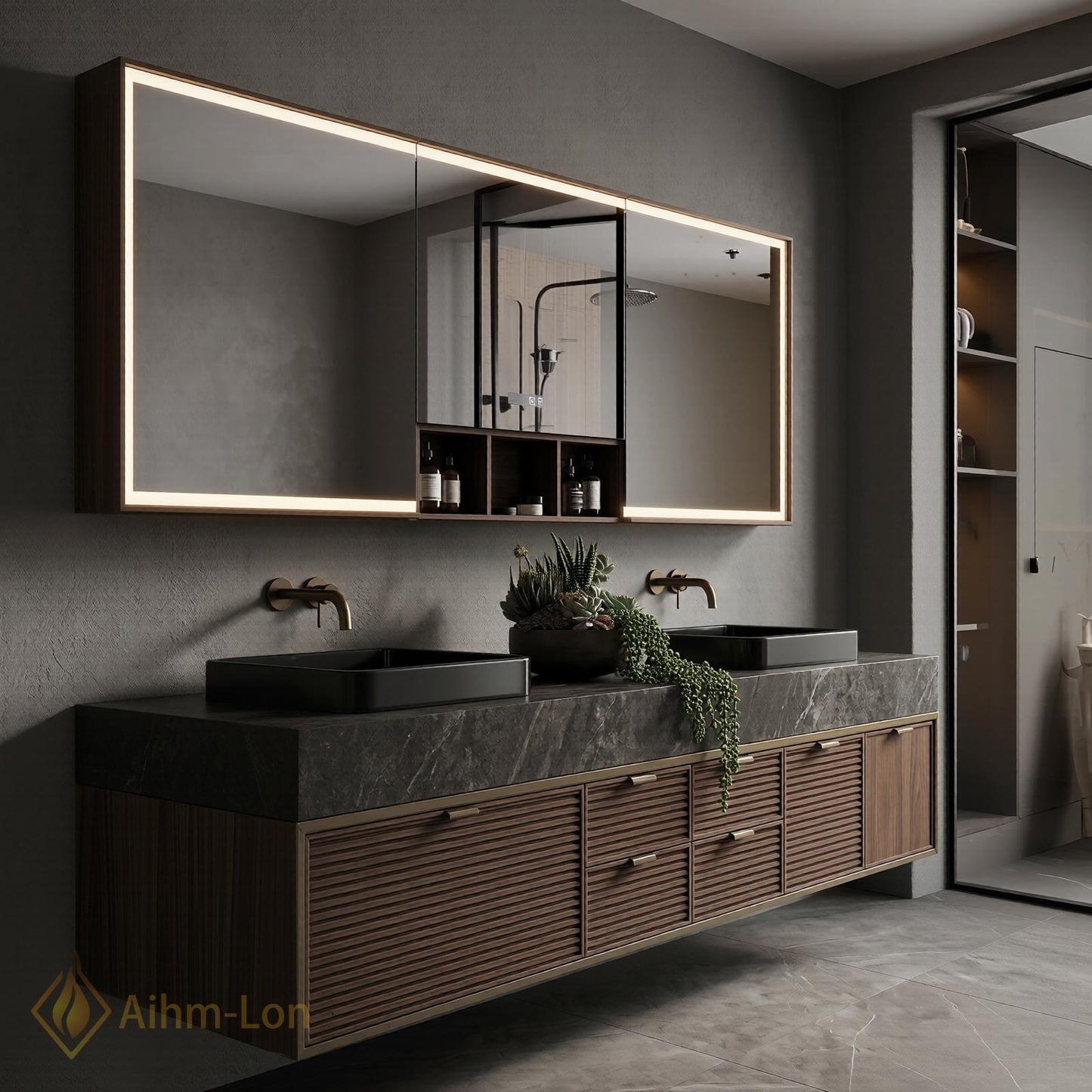 70''-96'' Modern Double Bathroom Vanity with Sink Dark Stone Slatted Drawers Storage
