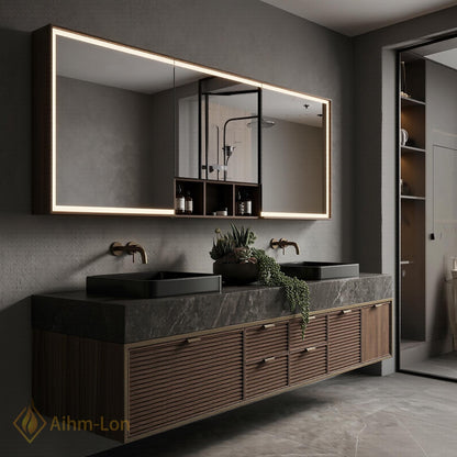 70''-96'' Modern Double Bathroom Vanity with Sink Dark Stone Slatted Drawers Storage