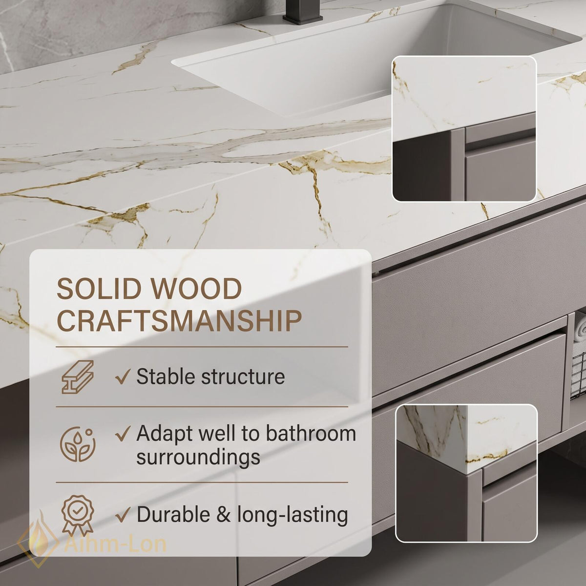 36''-110'' Double Bathroom Vanity with Sink Floating Marble Top Grey Mirror Storage