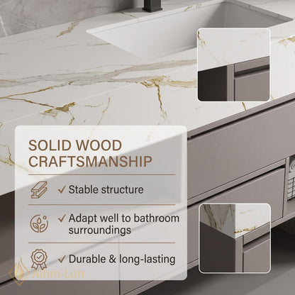 36''-110'' Double Bathroom Vanity with Sink Floating Marble Top Grey Mirror Storage
