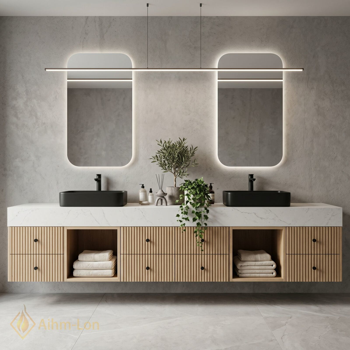 78''-96'' Double Bathroom Vanity with Sink White Marble Top Fluted Panel Storage