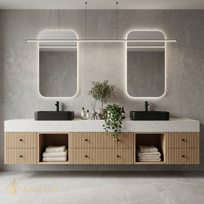 78''-96'' Double Bathroom Vanity with Sink White Marble Top Fluted Panel Storage