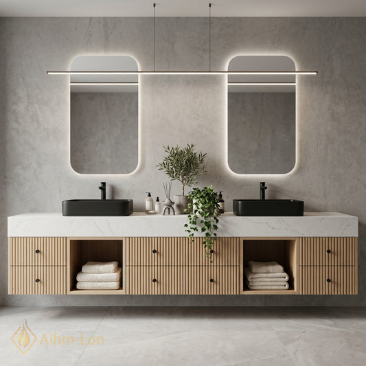 78''-96'' Double Bathroom Vanity with Sink White Marble Top Fluted Panel Storage