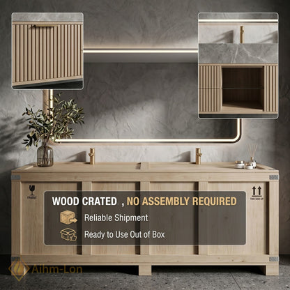 76''-96'' Double Bathroom Vanity with Sink Ridged Panel Front Grey Marble Top