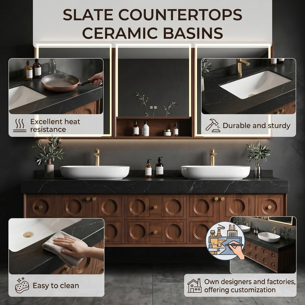 60''-96'' Modern Floating Bathroom Vanity with Sink Dark Stone Top Generous Storage