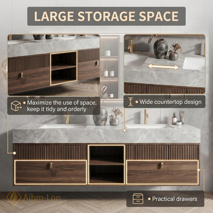 60''-96'' Double Bathroom Vanity with Sink Modern Floating Slatted Front Marble-Look Top