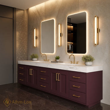 76''-96'' Double Bathroom Vanity with Sink Deep Plum Finish Integrated LED