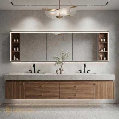 60''-96'' Double Bathroom Vanity with Sink Modern Slatted Spacious Mirror Cabinet