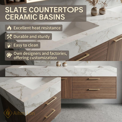 60''-96'' Double Bathroom Vanity with Sink Modern Floating Marble Top Walnut Finish