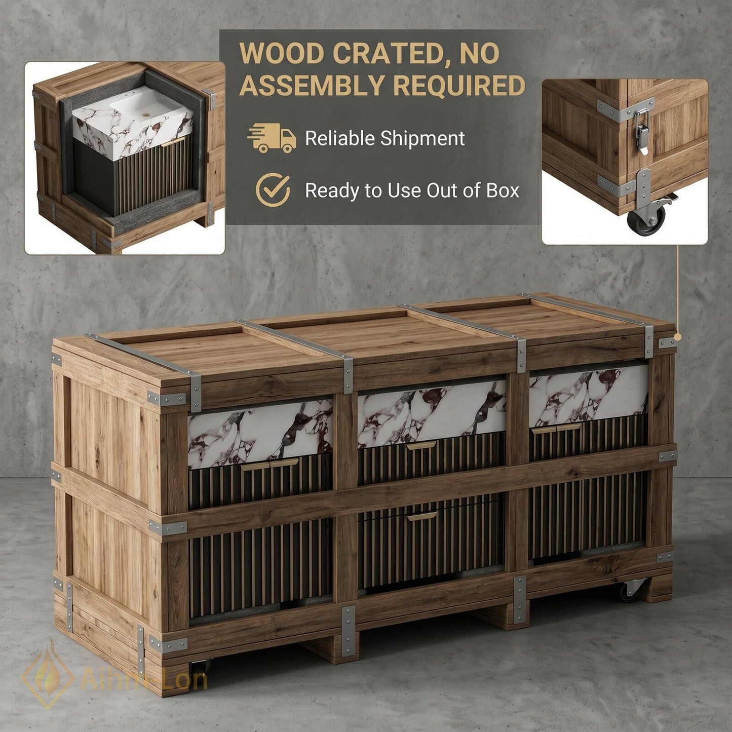 60''-96'' Double Bathroom Vanity with Sink Modern Floating Dark Walnut Slatted Center