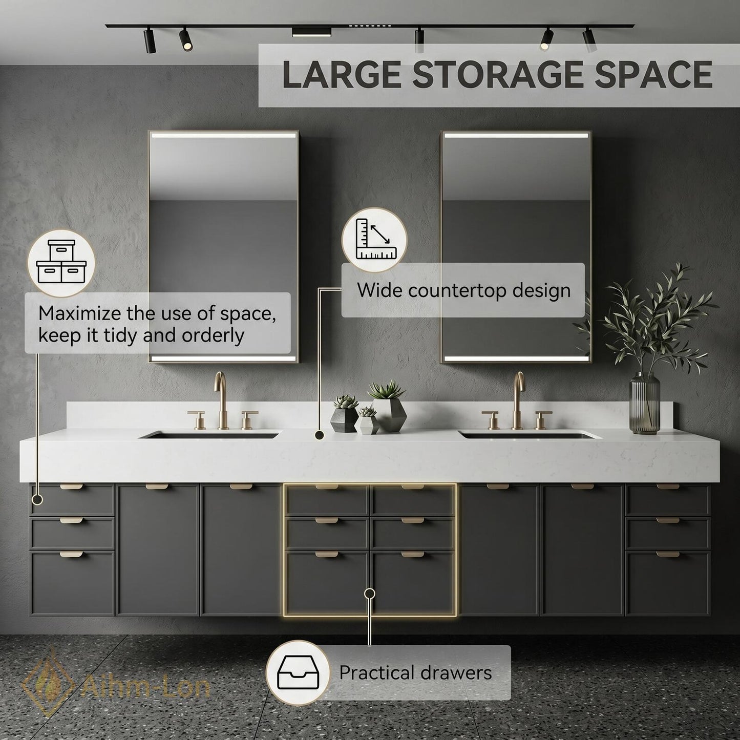 76''-96'' Modern Double Bathroom Vanity with Sink Floating Thick Stone Charcoal Finish