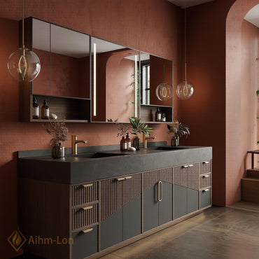 60''-96'' Double Bathroom Vanity with Sink Slatted Lower Panel Dark Wood Grain