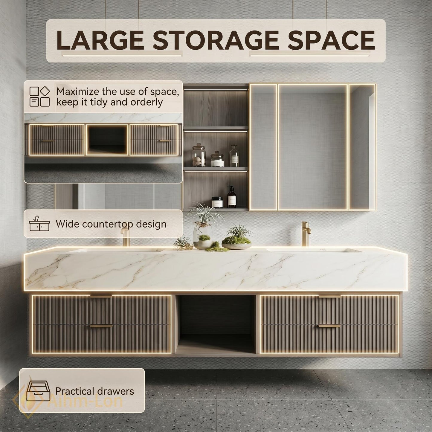 60''-96'' Double Bathroom Vanity with Sink Modern Floating Open Shelving Storage Two