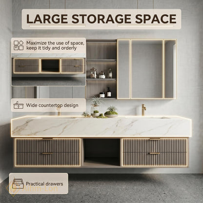 60''-96'' Double Bathroom Vanity with Sink Modern Floating Open Shelving Storage Two