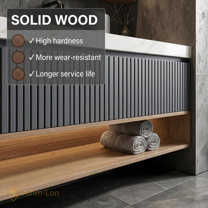 60''-96'' Double Bathroom Vanity with Sink Modern Floating Slatted Front Panel Marble