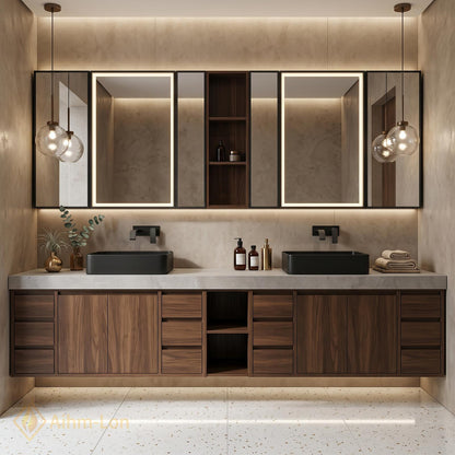 60''-96'' Double Bathroom Vanity with Sink Floating Dark Walnut Spacious Open Shelving