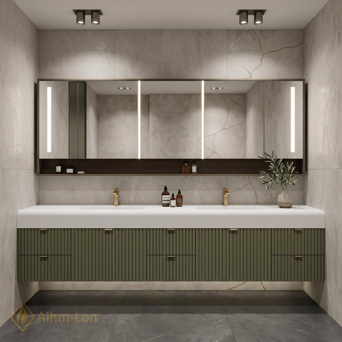 60''-96'' Double Bathroom Vanity with Sink Modern Floating Matte Green Fluted Front