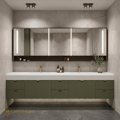 60''-96'' Double Bathroom Vanity with Sink Modern Floating Matte Green Fluted Front