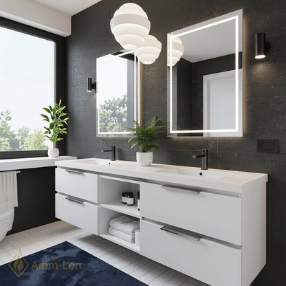 60''-96'' Minimalist Bathroom Vanity with Sink Double Sink Matte White Cabinet Open Shelving