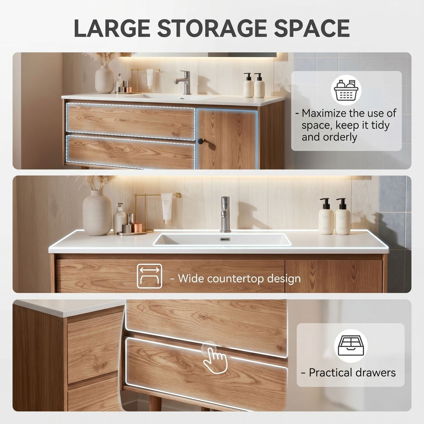 36''-64'' Modern Bathroom Vanity with Sink White Oak Tapered Leg Rectangular Mirror