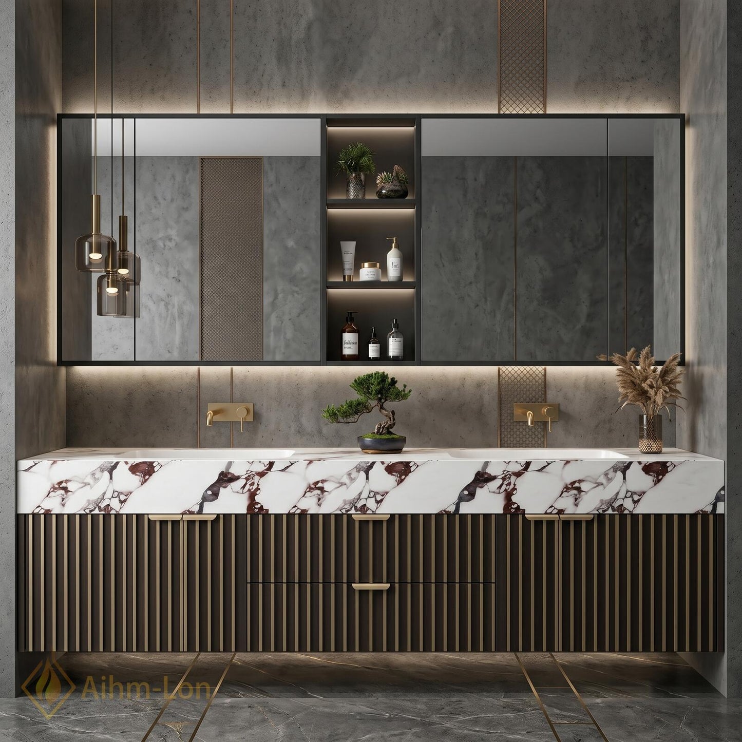 60''-96'' Double Bathroom Vanity with Sink Modern Floating Dark Walnut Slatted Center