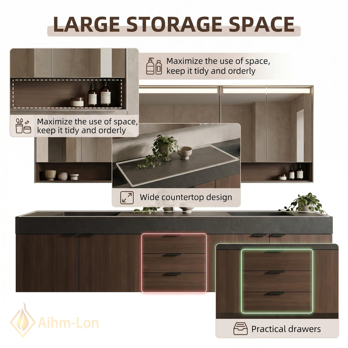 60''-96'' Double Bathroom Vanity with Sink Modern Floating Dark Walnut Grain Drawers