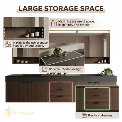 60''-96'' Double Bathroom Vanity with Sink Modern Floating Dark Walnut Grain Drawers