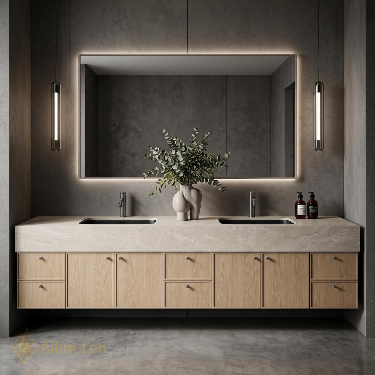 76''-96'' Double Bathroom Vanity with Sink Warm-Oak Modern Drawers Mirror Wall