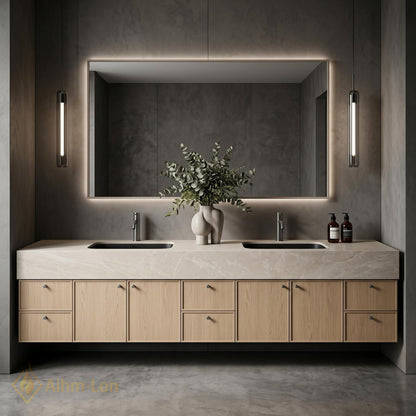 76''-96'' Double Bathroom Vanity with Sink Warm-Oak Modern Drawers Mirror Wall