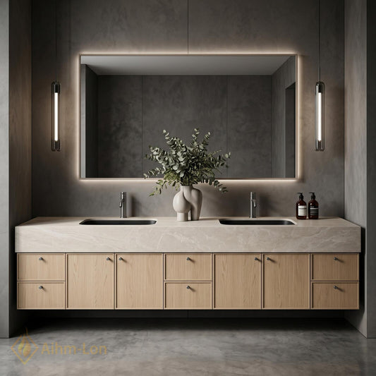 76''-96'' Double Bathroom Vanity with Sink Warm-Oak Modern Drawers Mirror Wall