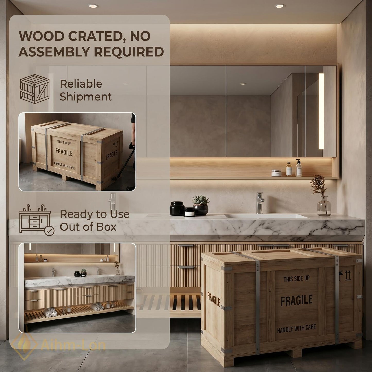 76''-96'' Modern Floating Bathroom Vanity with Sink Double Basin Vertical Slatted Front