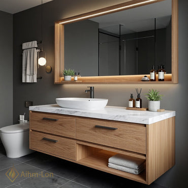 36''-64'' Modern Bathroom Vanity with Sink Floating Wood Grain Marble Illuminated Drawers
