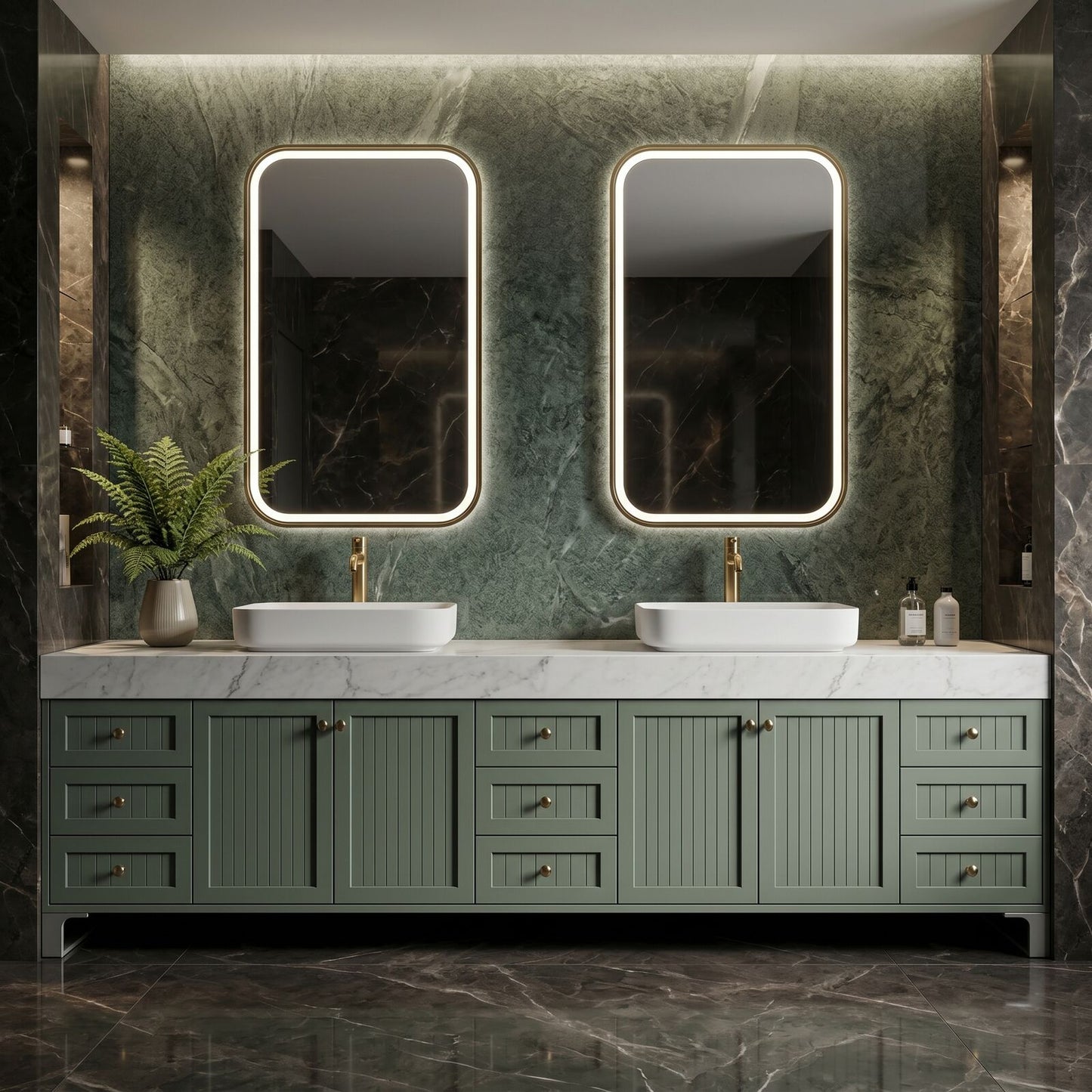 78''-96'' Double Bathroom Vanity with Sink Vessel Sinks Sliding Panel Emerald Green Cabinet