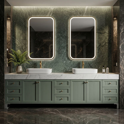 78''-96'' Double Bathroom Vanity with Sink Vessel Sinks Sliding Panel Emerald Green Cabinet