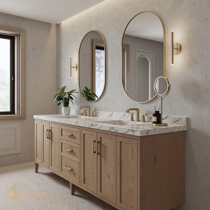 70''-96'' Modern Bathroom Vanity with Sink Marble Wood Grain Brass Open Drawers