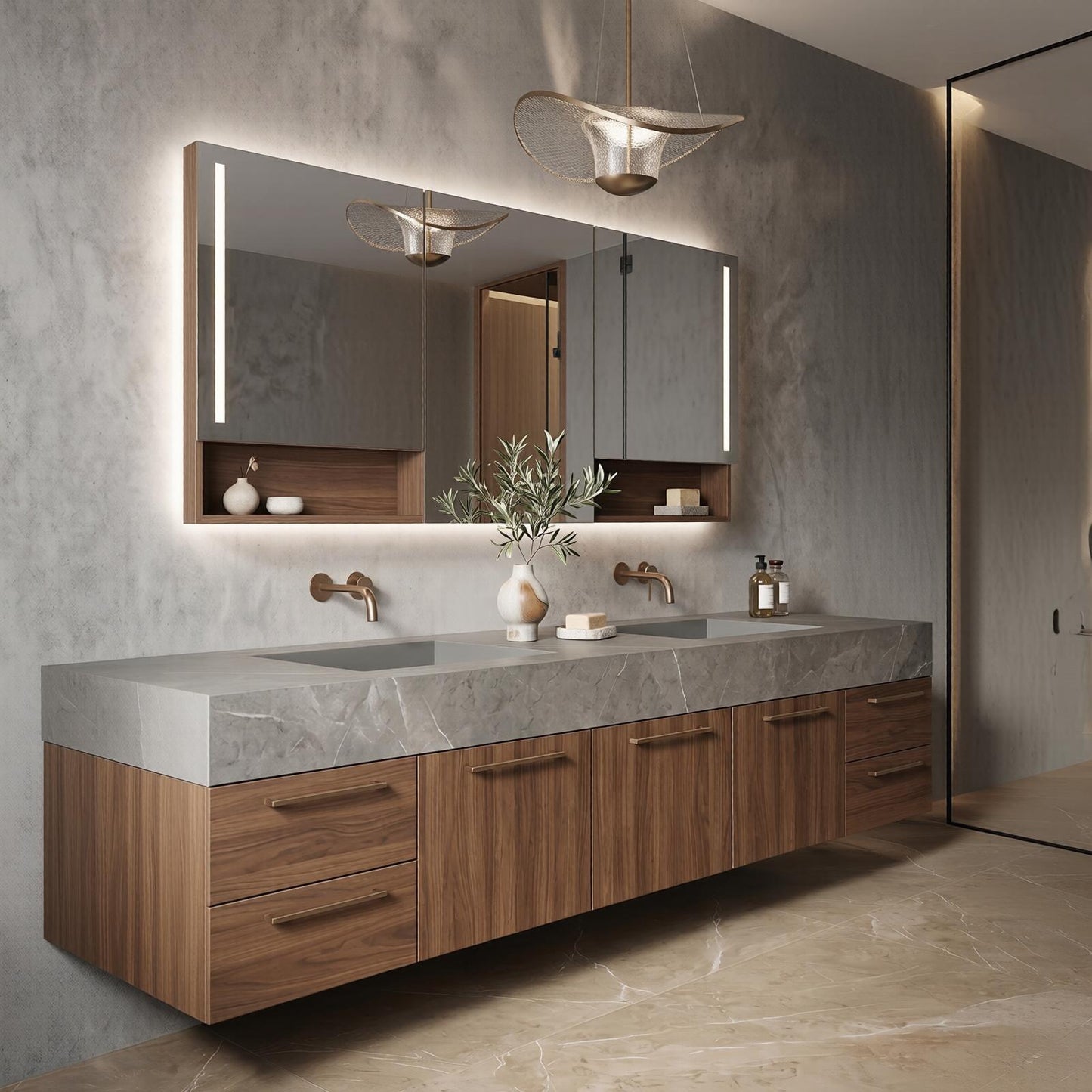 60''-96'' Modern Bathroom Vanity with Sink Floating Double Dark Walnut Finish Cabinet