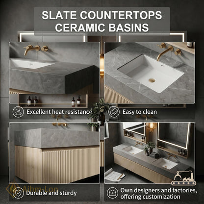 60''-96'' Double Bathroom Vanity with Sink Ribbed Panel Warm Wood Finish Open Shelving