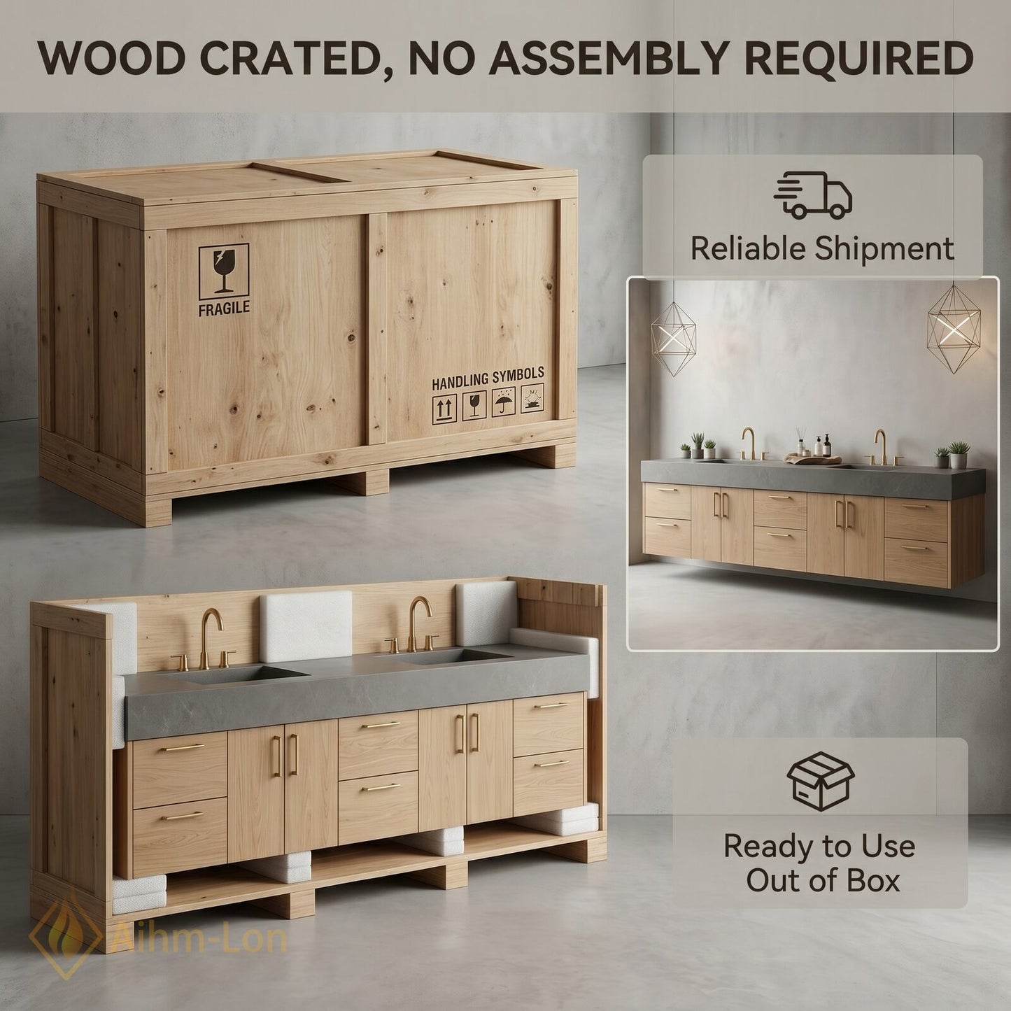 78''-96'' Double Bathroom Vanity with Sink Grey Floating Modern Design Slate Solid