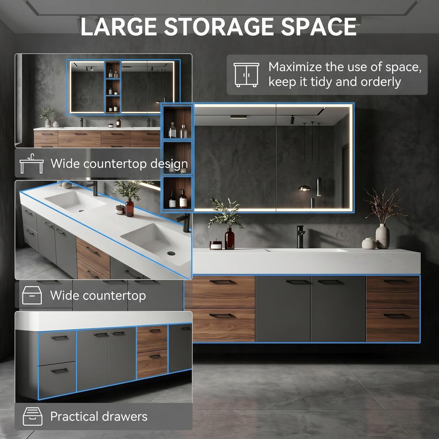 70''-96'' Modern Bathroom Vanity with Sink Dark Walnut Slatted Center Open Shelving
