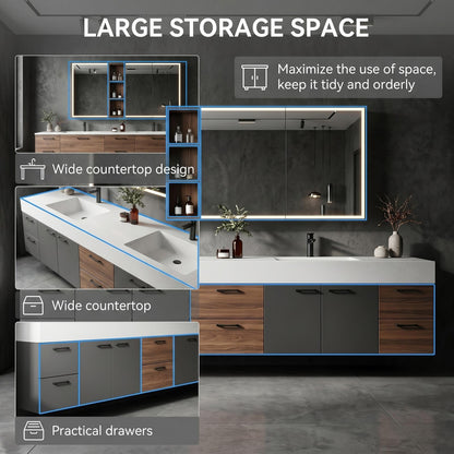 70''-96'' Modern Bathroom Vanity with Sink Dark Walnut Slatted Center Open Shelving