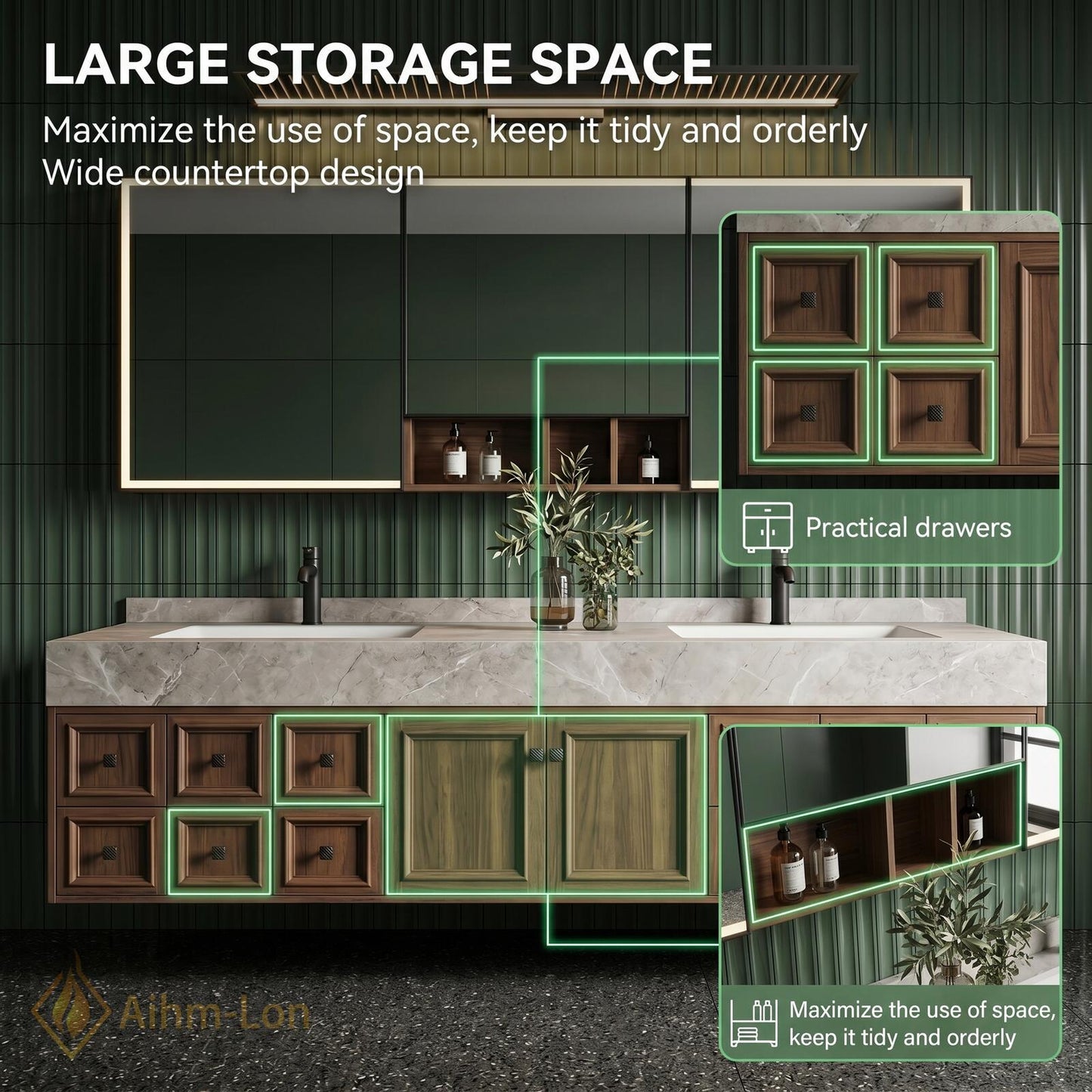 76''-96'' Modern Floating Bathroom Vanity with Sink Recessed Basins Solid Wood Panel