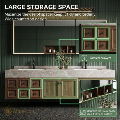 76''-96'' Modern Floating Bathroom Vanity with Sink Recessed Basins Solid Wood Panel