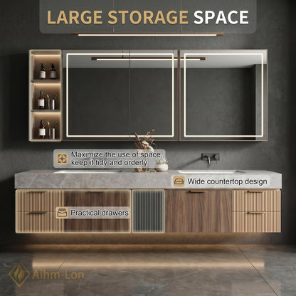 78''-96'' Double Bathroom Vanity with Sink Floating Vanity Grain Finish Slatted Center