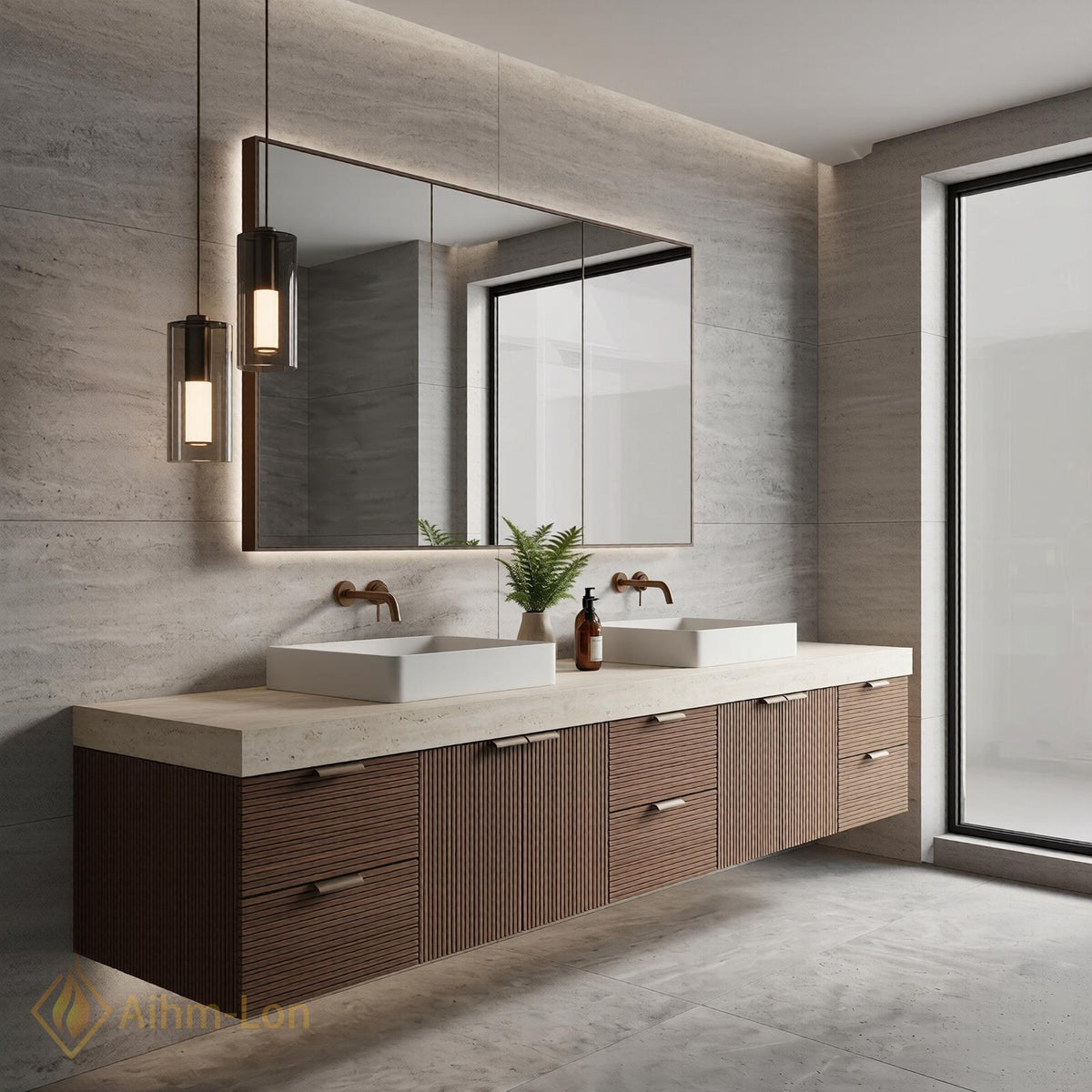 60''-96'' Modern Floating Bathroom Vanity with Sink Slatted Wood Large Mirror Cabinet
