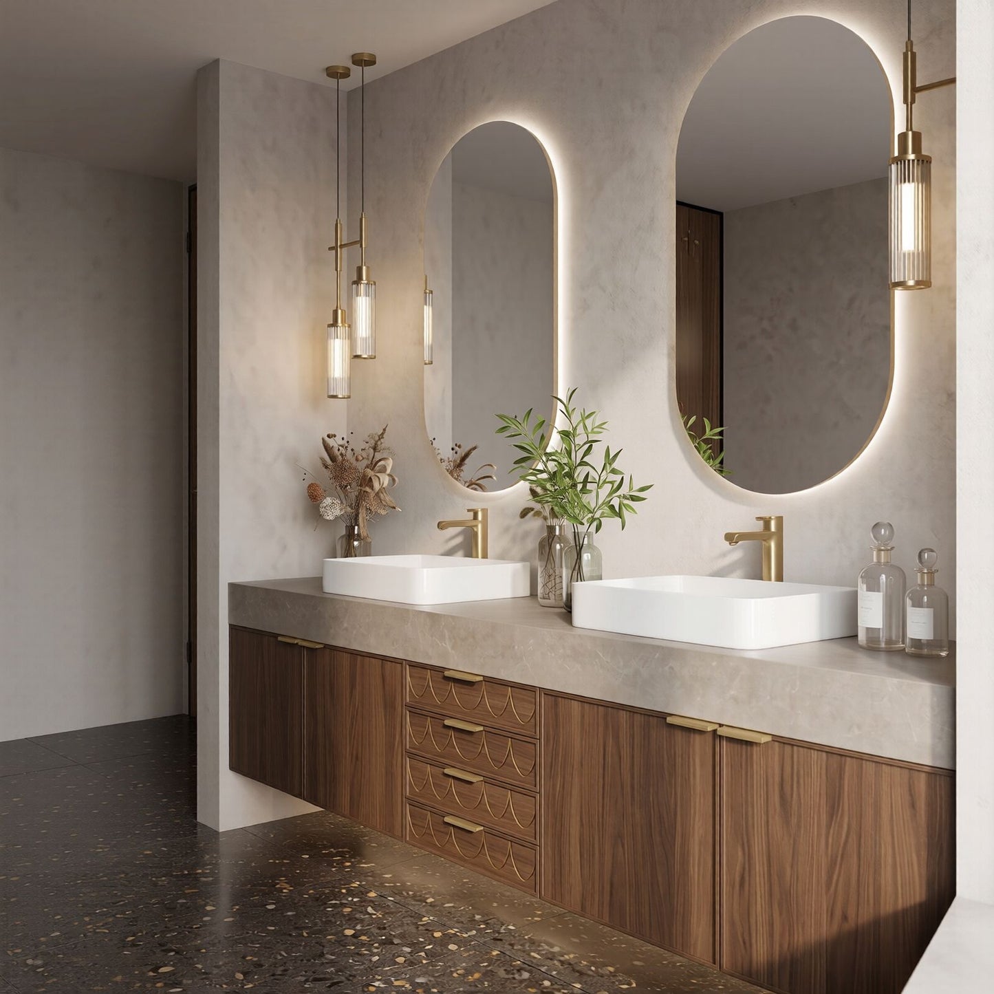 70''-96'' Modern Bathroom Vanity with Sink Floating Dark Wood Grain Fish Scale Drawers
