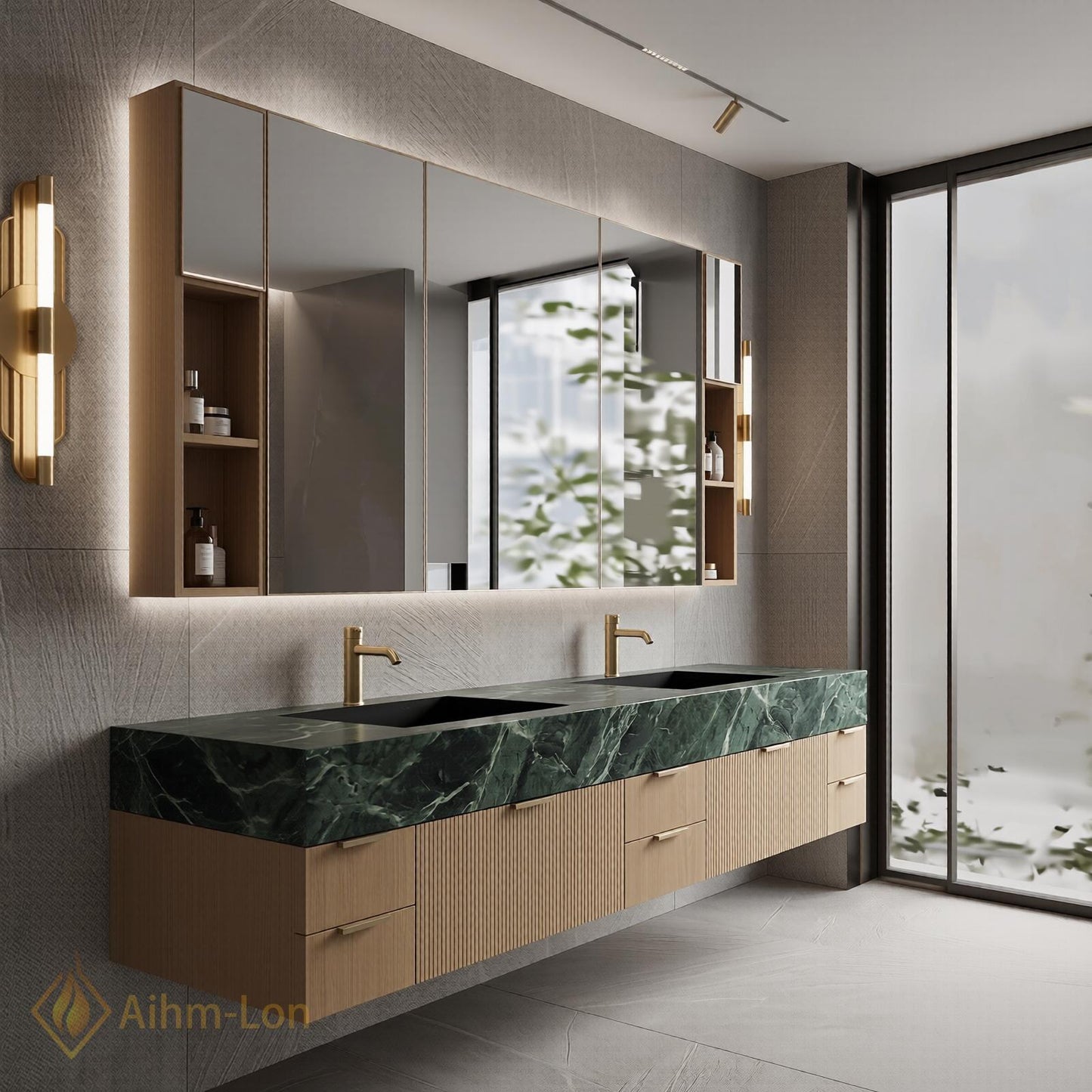 72''-96'' Double Bathroom Vanity with Sink Green Floating Marble-Top Slatted-Panels