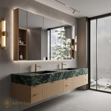 72''-96'' Double Bathroom Vanity with Sink Green Floating Marble-Top Slatted-Panels