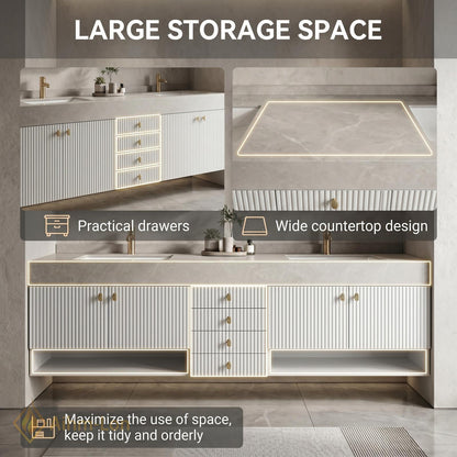 60''-96'' Double Bathroom Vanity with Sink Modern White Ribbed Gold Hardware Center Cabinet