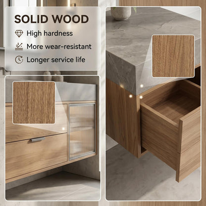 70''-96'' Modern Bathroom Vanity with Sink Double Sink Slatted Door Warm Wood Grain Cabinet